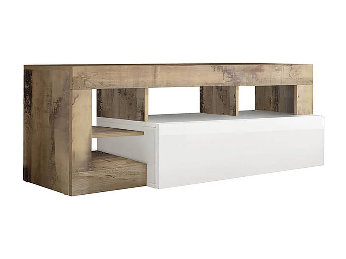 ARTURO - Ensemble Buffet 4P + Meubles TV et Bar Blanc Laqué Niches Aspect Bois Antik