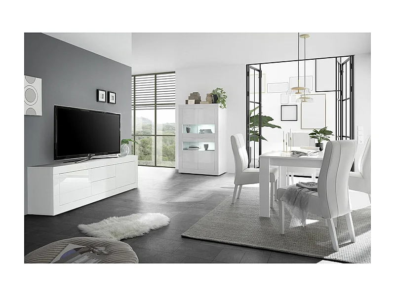 OTELLO - Ensemble Séjour avec Buffet bas 2 Portes 2 Tiroirs Finition Blanc Laqué Weiss