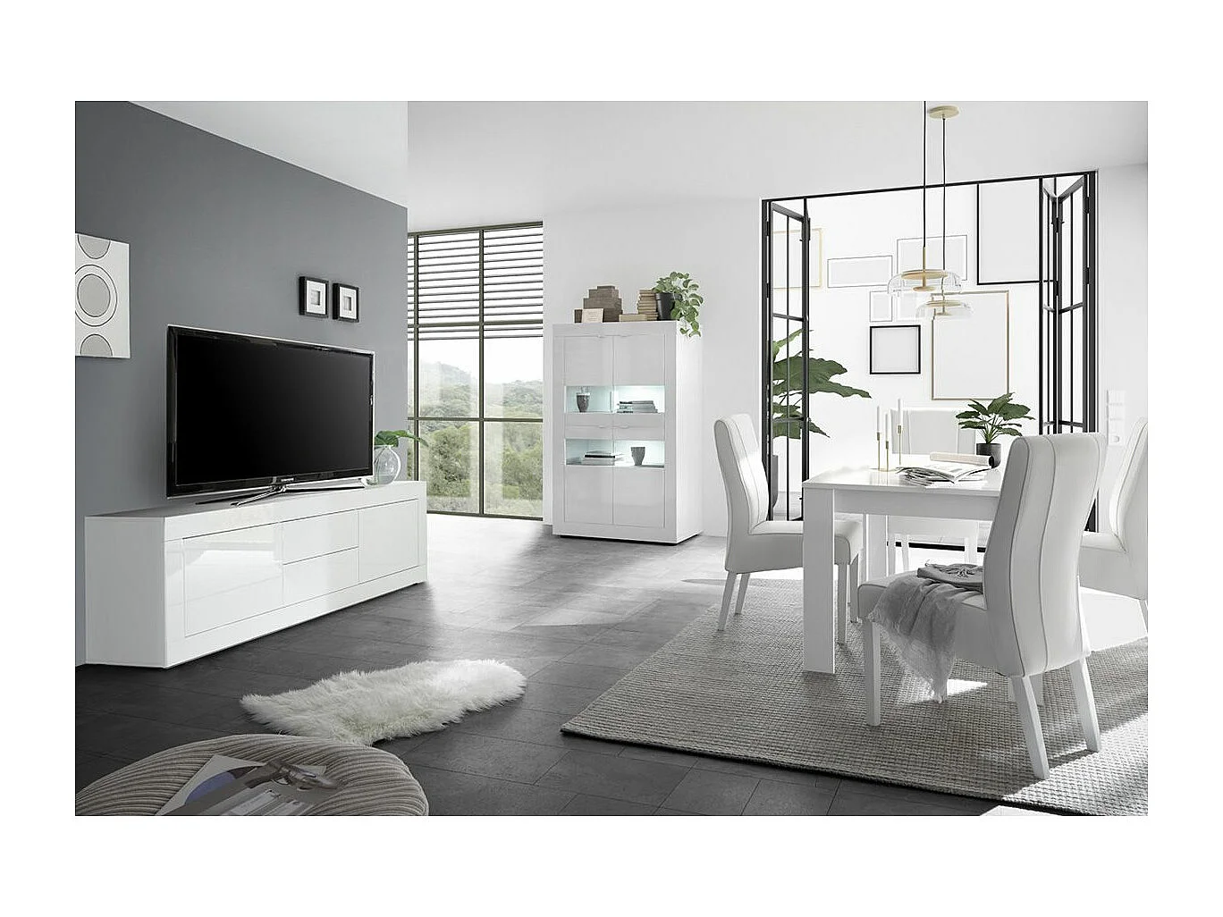 OTELLO - Ensemble Séjour avec Buffet bas 2 Portes 2 Tiroirs Finition Blanc Laqué Weiss