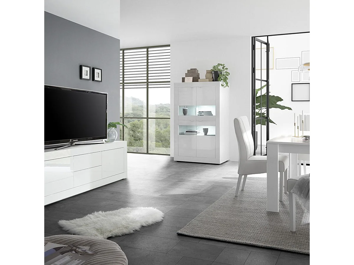 OTELLO - Ensemble Séjour avec Buffet bas 2 Portes 2 Tiroirs Finition Blanc Laqué Weiss