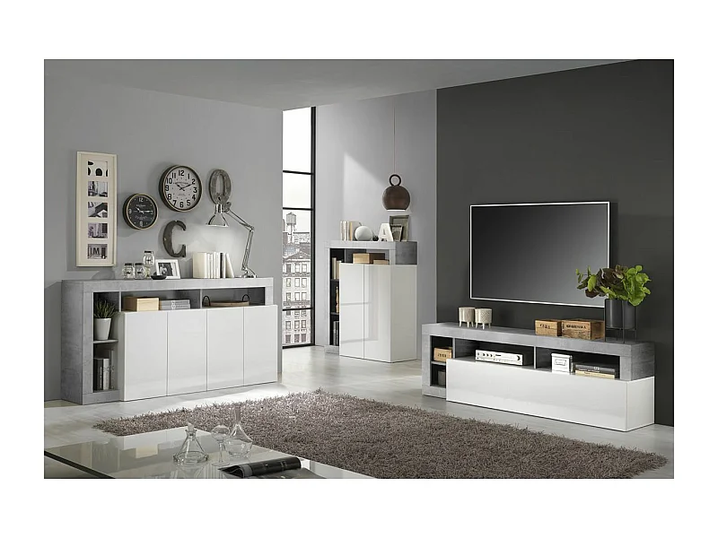 ARTURO - Ensemble Buffet 4P + Meubles TV et Bar Blanc Laqué Niches Aspect Cimento