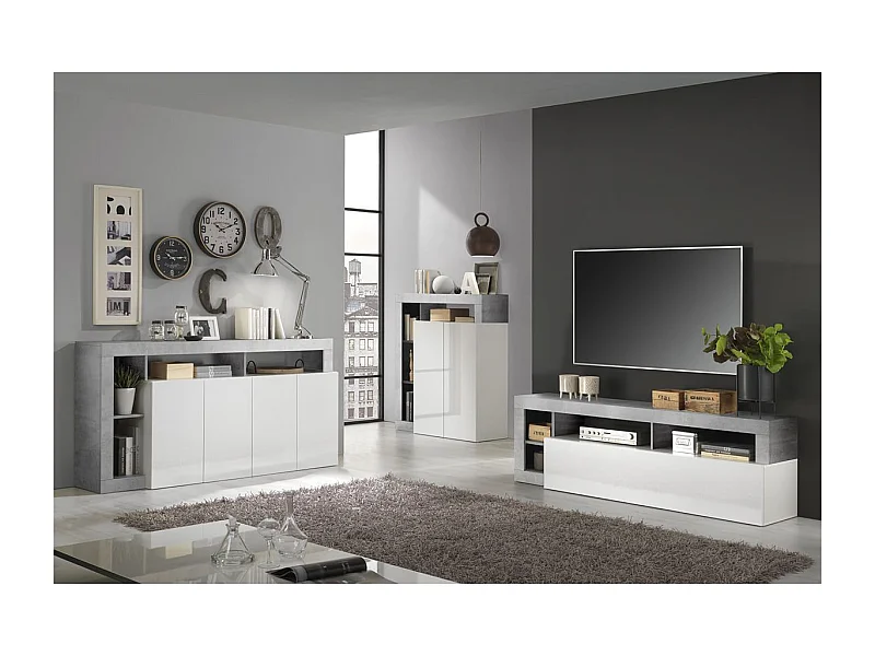ARTURO - Ensemble Buffet 4P + Meubles TV et Bar Blanc Laqué Niches Aspect Cimento