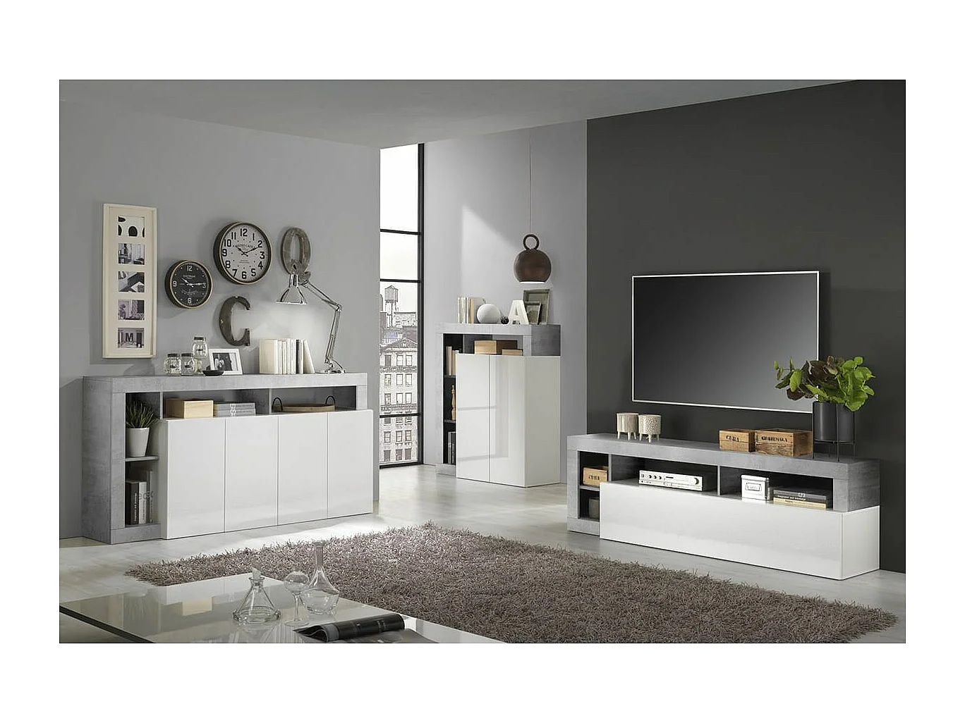 ARTURO - Ensemble Buffet 4P + Meubles TV et Bar Blanc Laqué Niches Aspect Cimento