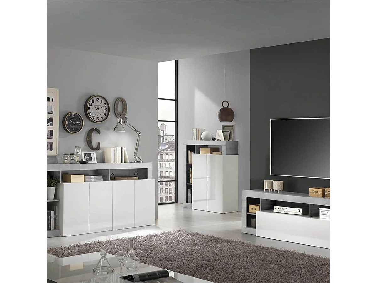 ARTURO - Ensemble Buffet 4P + Meubles TV et Bar Blanc Laqué Niches Aspect Cimento