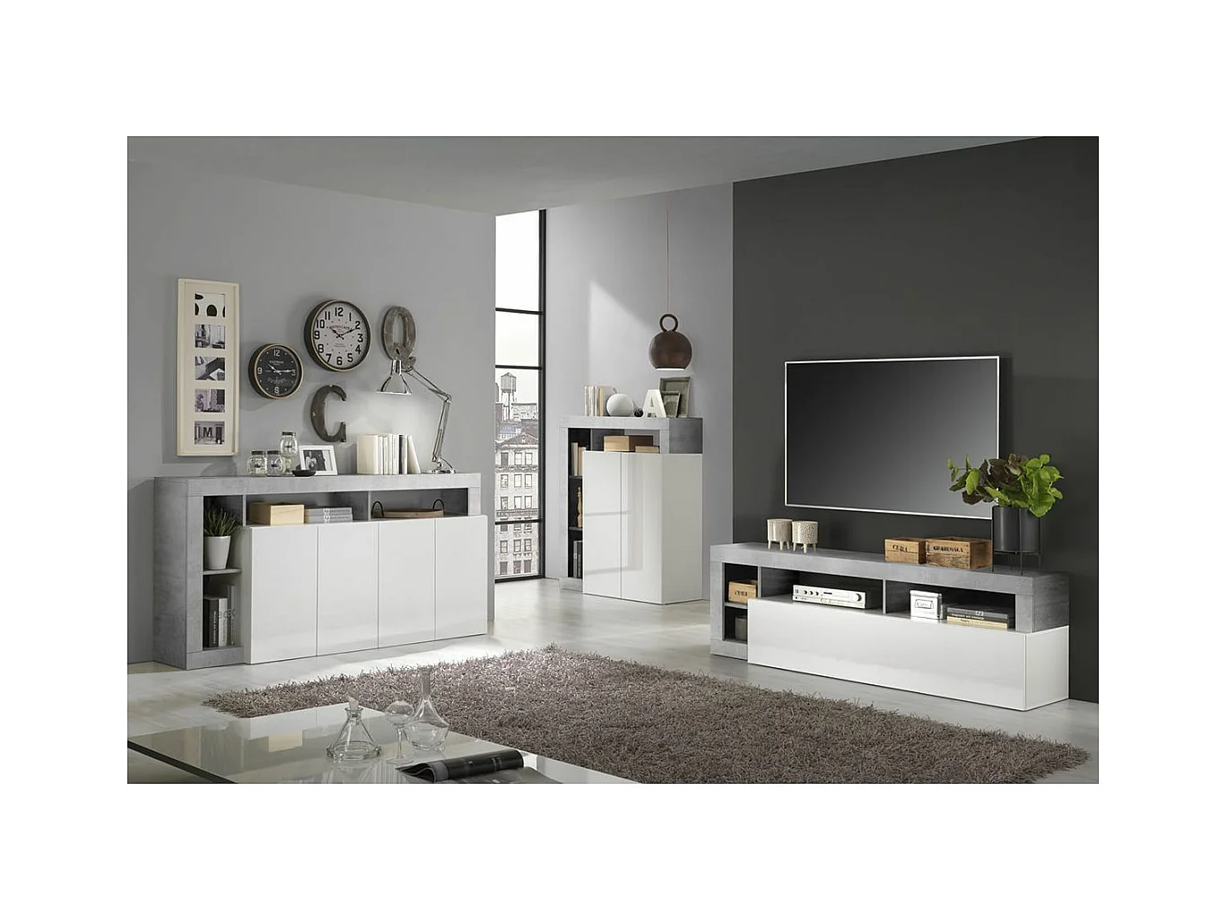 ARTURO - Ensemble Buffet 4P + Meubles TV et Bar Blanc Laqué Niches Aspect Cimento