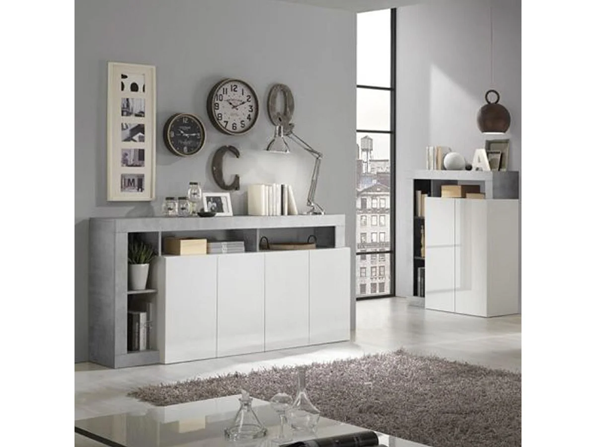 ARTURO - Ensemble Buffet 4P + Meubles TV et Bar Blanc Laqué Niches Aspect Cimento
