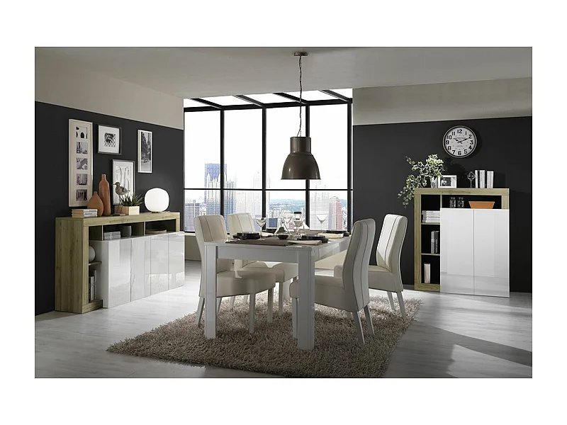 ARTURO - Séjour Complet Table + Buffet 4P Blanc Laqué Niches Aspect Bois Cadiz