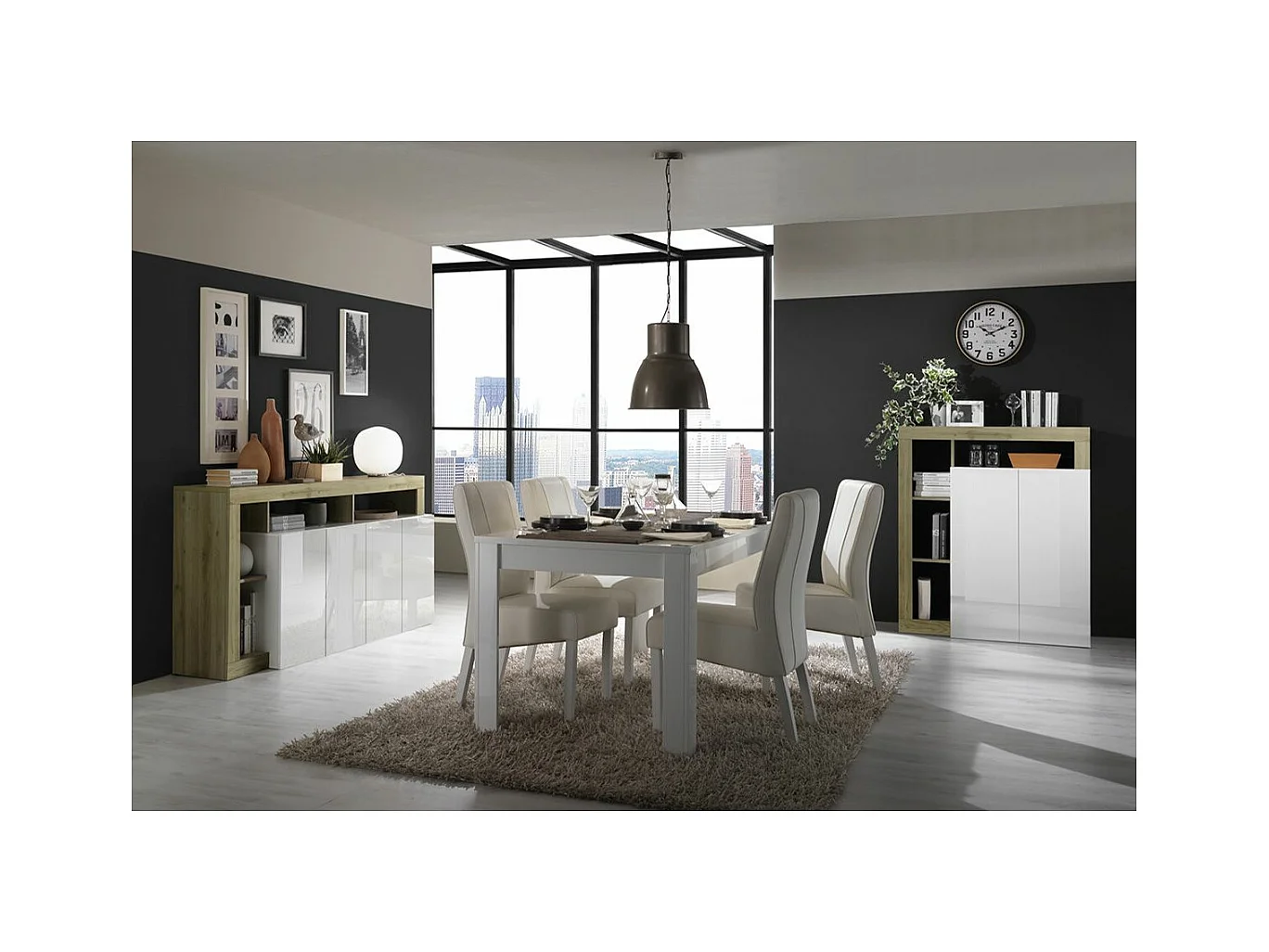ARTURO - Séjour Complet Table + Buffet 4P Blanc Laqué Niches Aspect Bois Cadiz