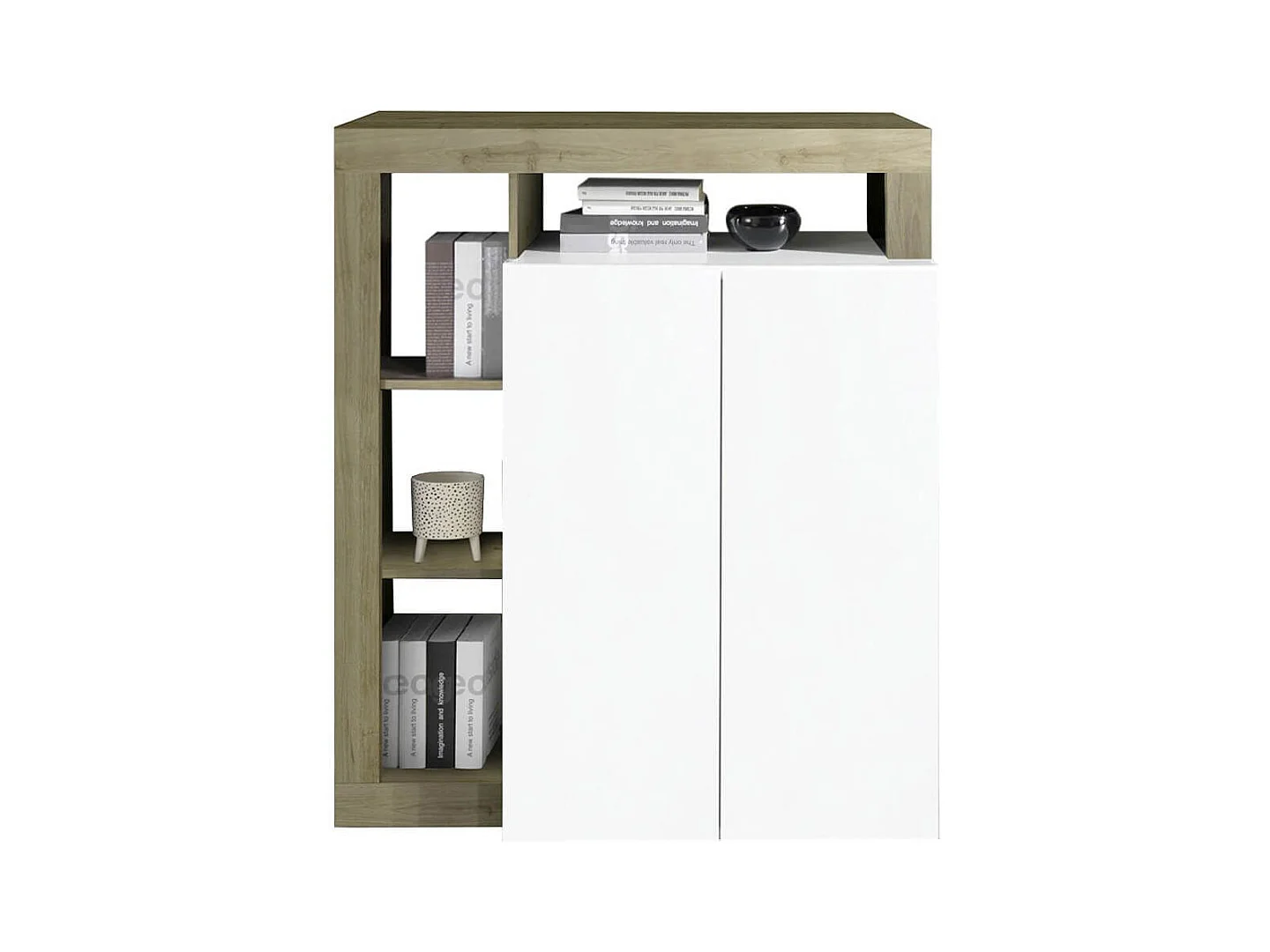 ARTURO - Séjour Complet Table + Buffet 4P Blanc Laqué Niches Aspect Bois Cadiz