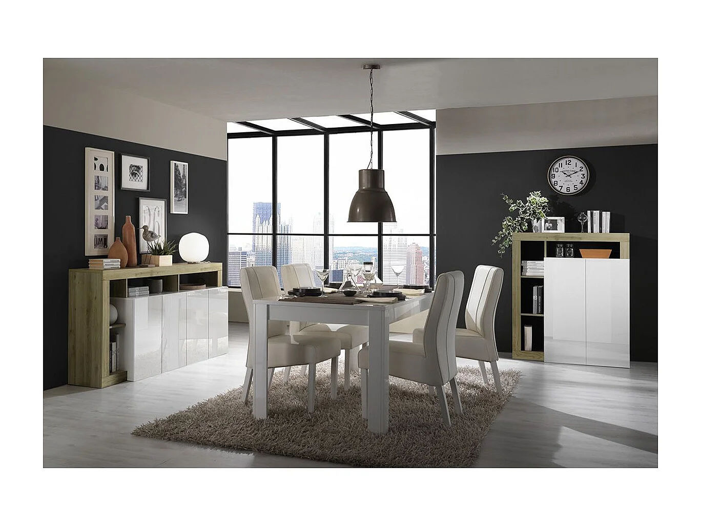 ARTURO - Séjour Complet Table + Buffet 4P Blanc Laqué Niches Aspect Bois Cadiz