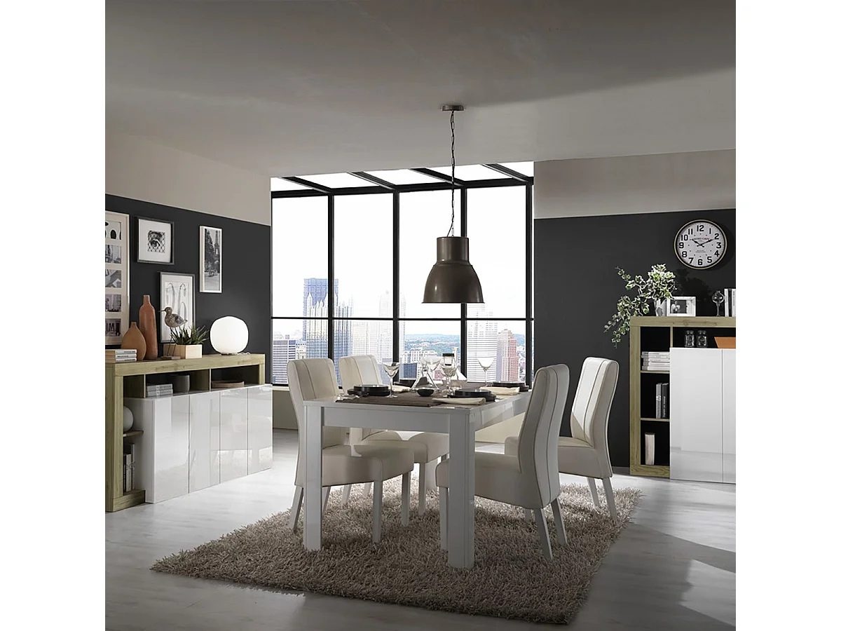 ARTURO - Séjour Complet Table + Buffet 4P Blanc Laqué Niches Aspect Bois Cadiz