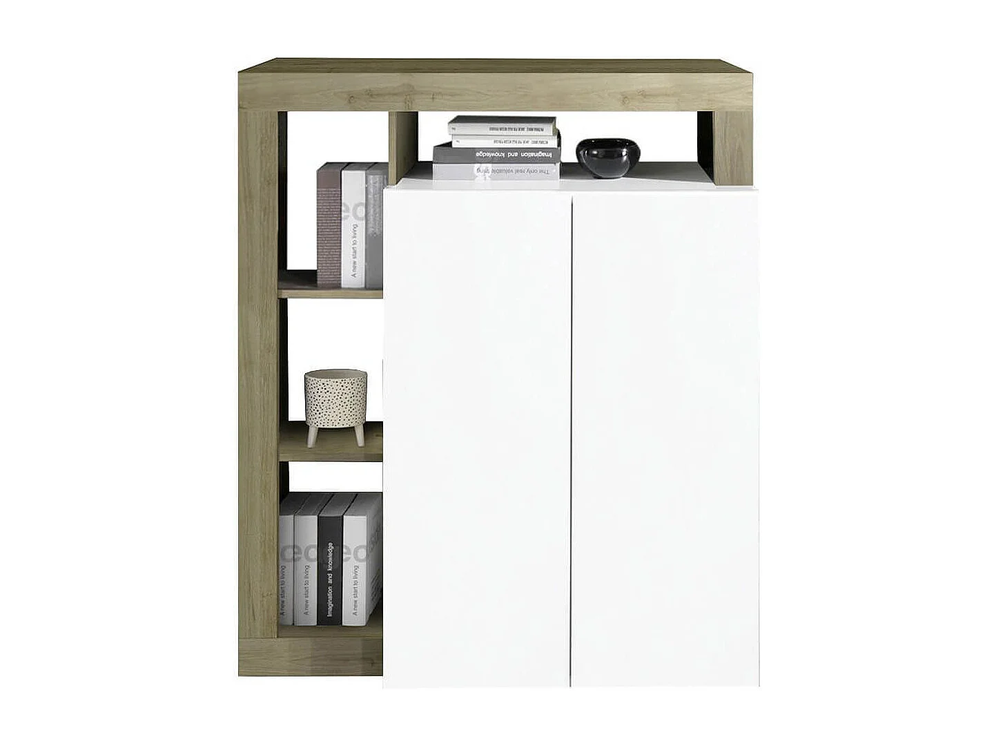 ARTURO - Séjour Complet Table + Buffet 4P Blanc Laqué Niches Aspect Bois Cadiz