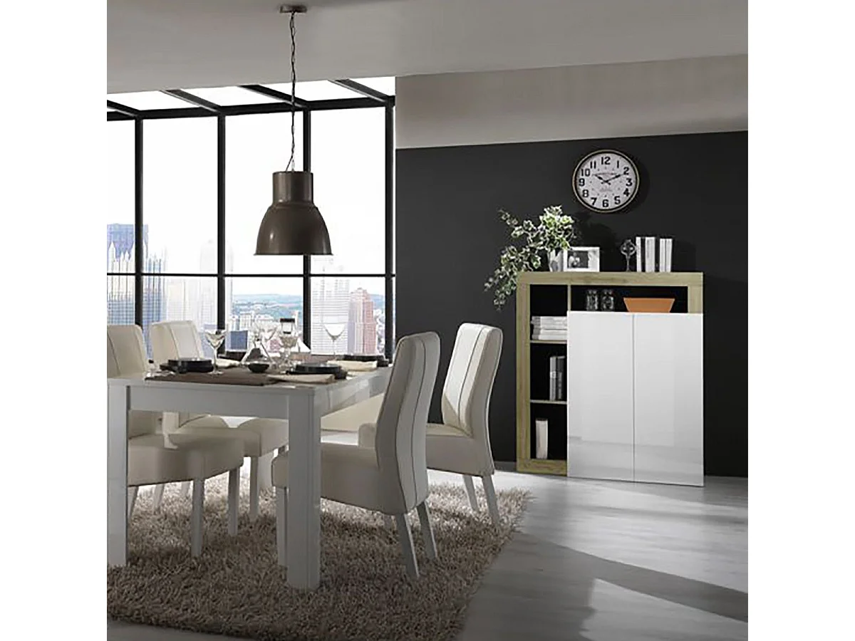 ARTURO - Séjour Complet Table + Buffet 4P Blanc Laqué Niches Aspect Bois Cadiz