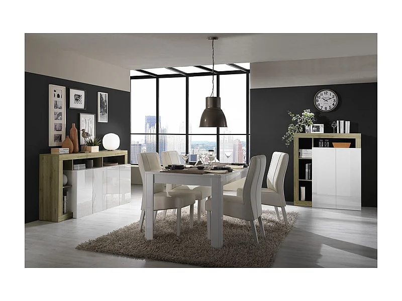 ARTURO - Séjour Complet Table + Buffet 4P Blanc Laqué Niches Aspect Bois Cadiz