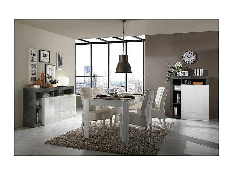 ARTURO - Séjour Complet Table + Buffet 4P Blanc Laqué Niches Aspect Oxyde