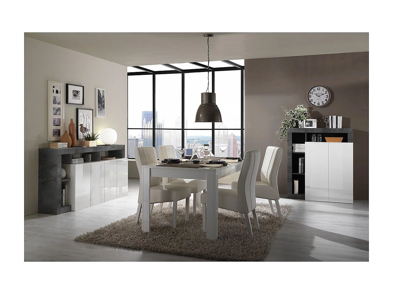 ARTURO - Séjour Complet Table + Buffet 4P Blanc Laqué Niches Aspect Oxyde