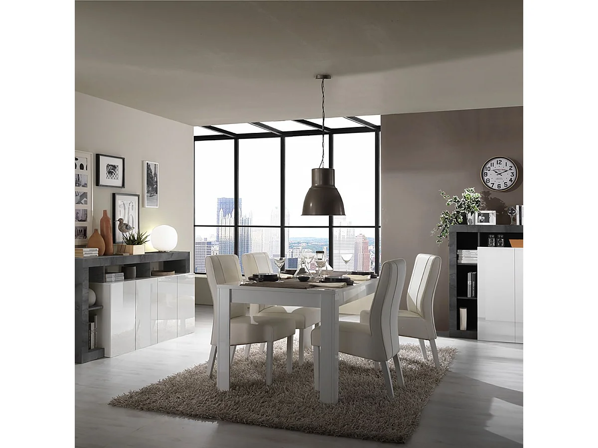 ARTURO - Séjour Complet Table + Buffet 4P Blanc Laqué Niches Aspect Oxyde