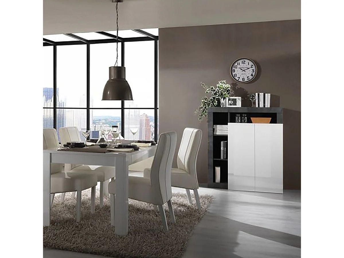 ARTURO - Séjour Complet Table + Buffet 4P Blanc Laqué Niches Aspect Oxyde