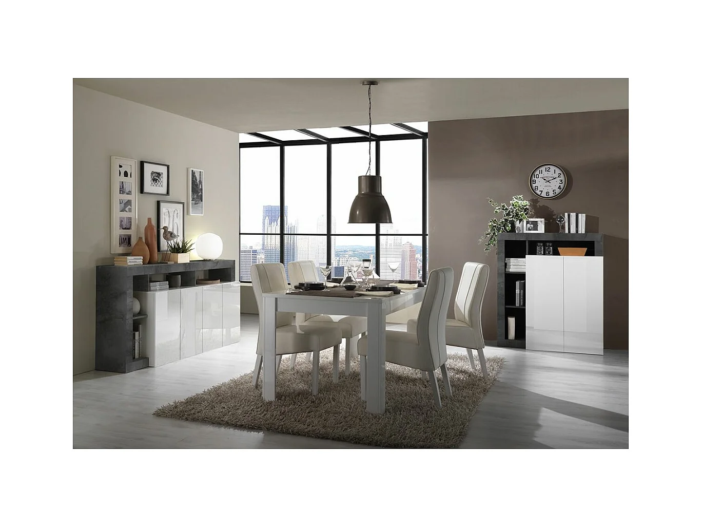ARTURO - Séjour Complet Table + Buffet 4P Blanc Laqué Niches Aspect Oxyde