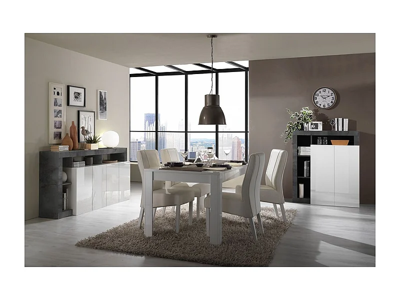ARTURO - Séjour Complet Table + Buffet 4P Blanc Laqué Niches Aspect Oxyde