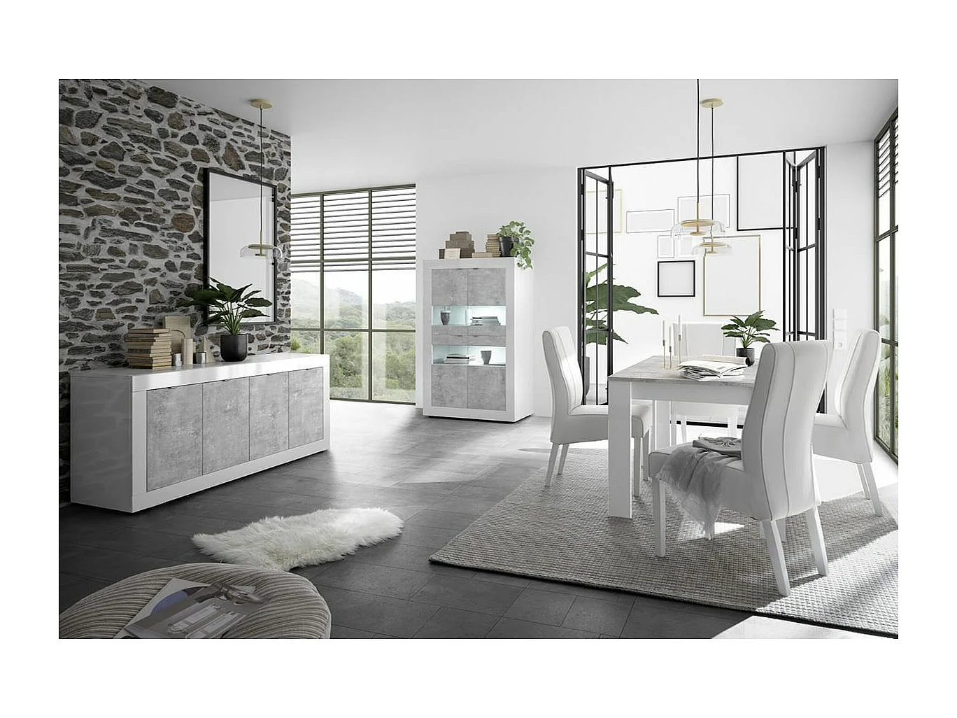 OTELLO - Ensemble Séjour avec Buffet 4 Portes Finition Blanc Laqué et Aspect Béton