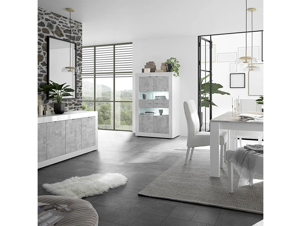 OTELLO - Ensemble Séjour avec Buffet 4 Portes Finition Blanc Laqué et Aspect Béton