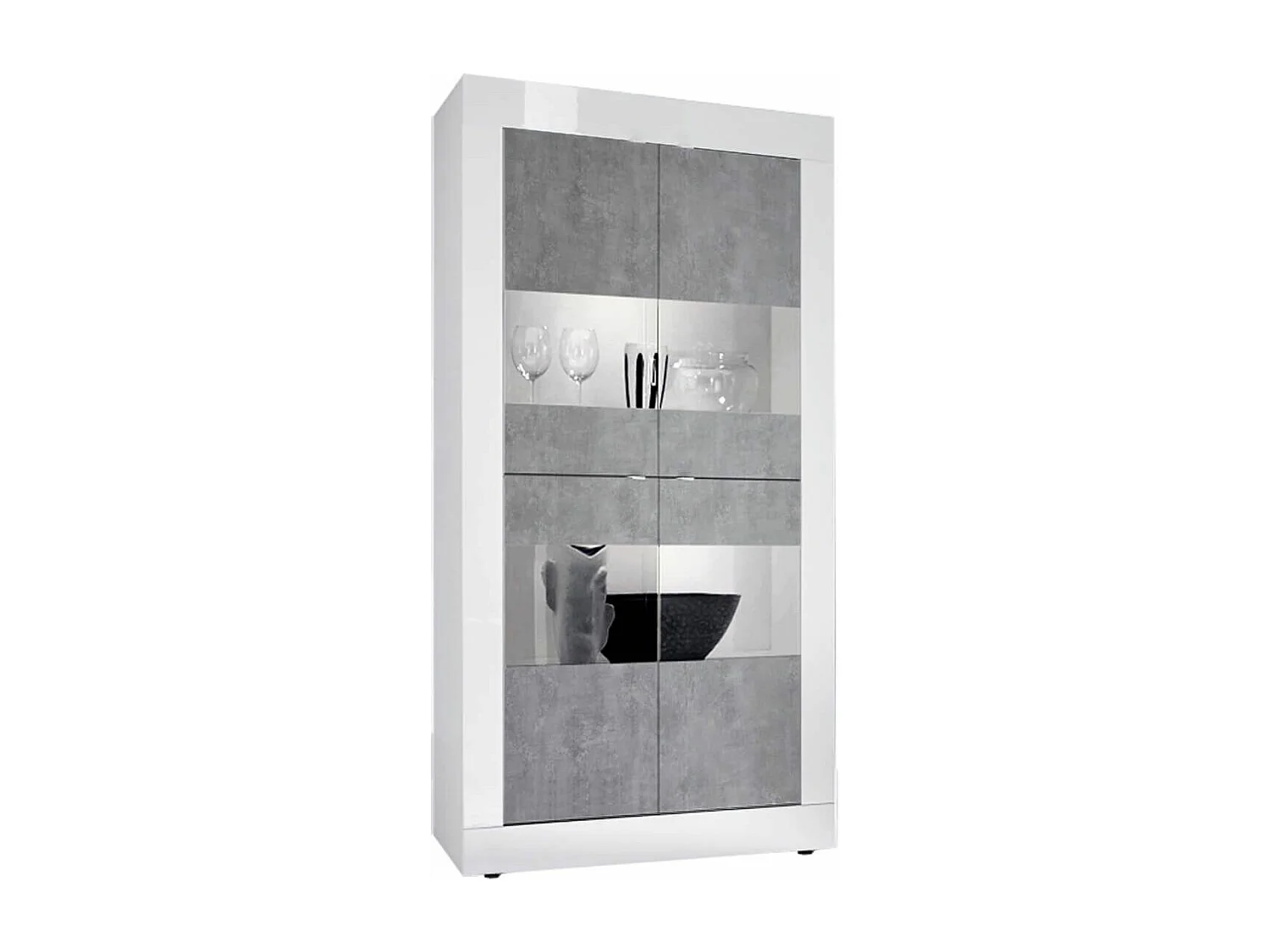 OTELLO - Ensemble Séjour avec Buffet 4 Portes Finition Blanc Laqué et Aspect Béton