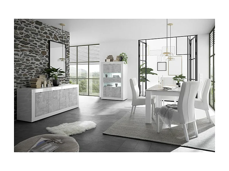 OTELLO - Ensemble Séjour avec Buffet 4 Portes Finition Blanc Laqué et Aspect Béton