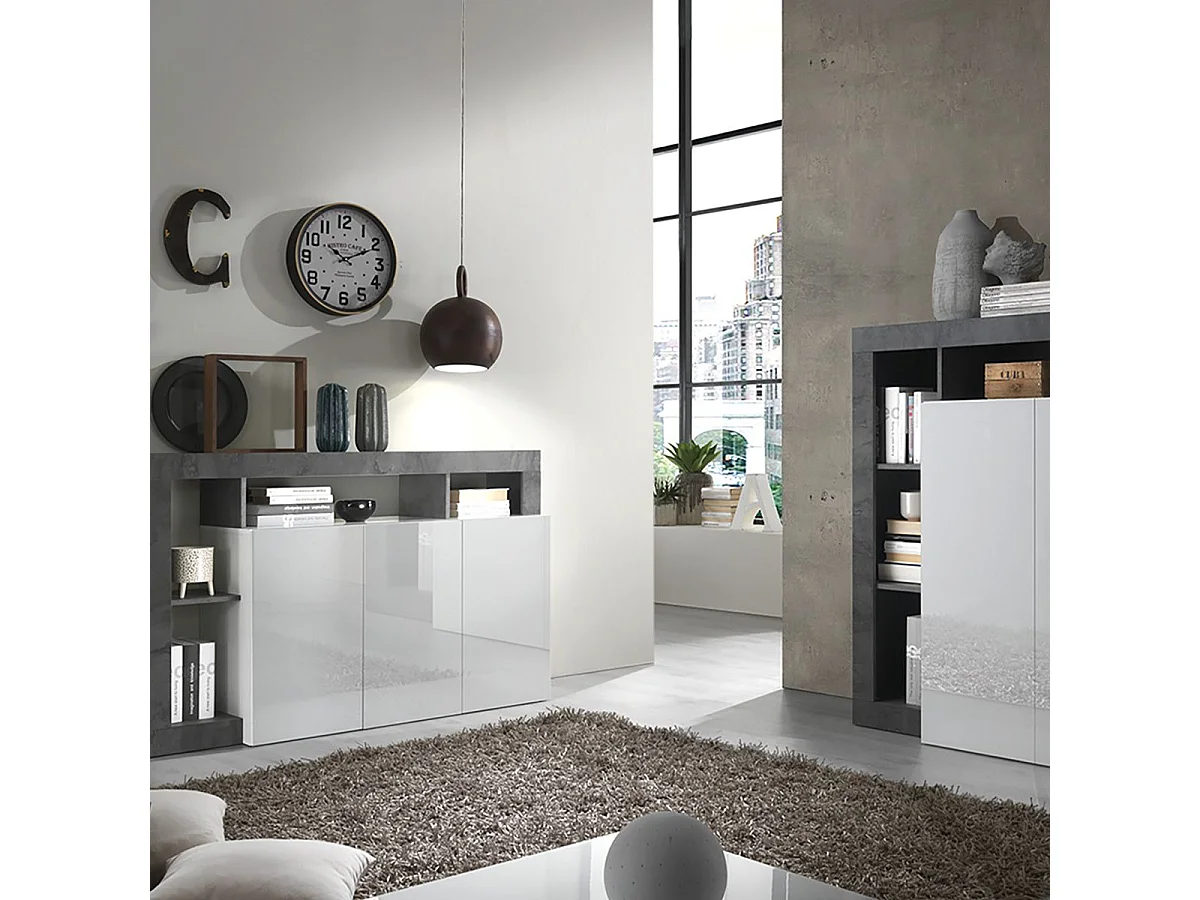 ARTURO - Ensemble Buffet 3P + Meuble Bar Blanc Laqué Niches Aspect Oxyde