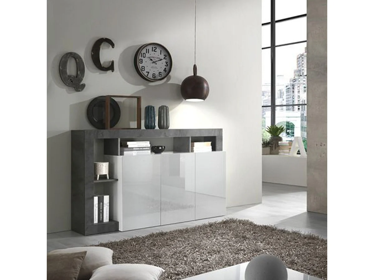 ARTURO - Ensemble Buffet 3P + Meuble Bar Blanc Laqué Niches Aspect Oxyde