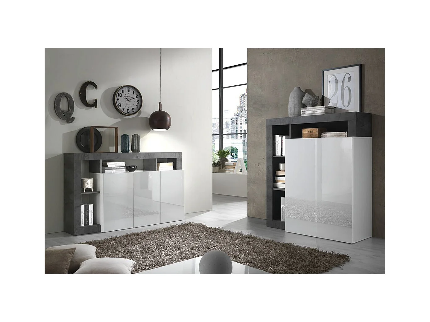 ARTURO - Ensemble Buffet 3P + Meuble Bar Blanc Laqué Niches Aspect Oxyde