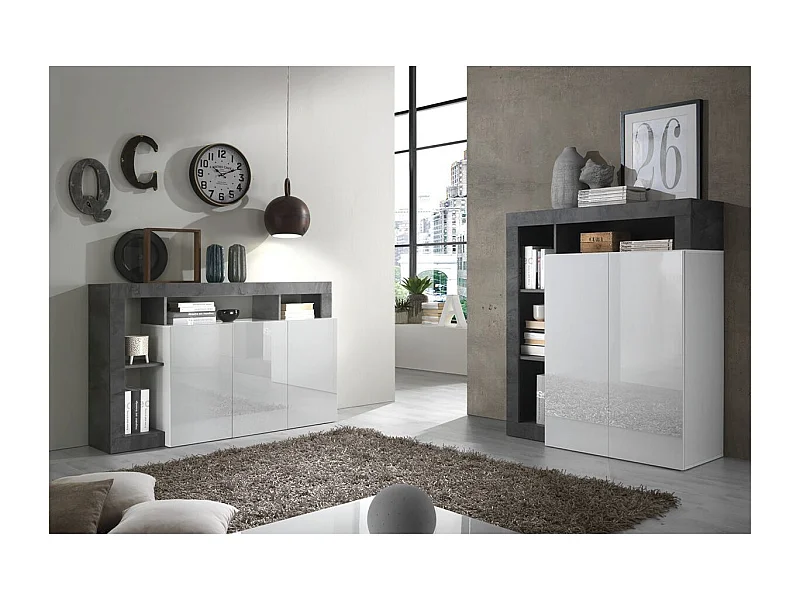 ARTURO - Ensemble Buffet 3P + Meuble Bar Blanc Laqué Niches Aspect Oxyde