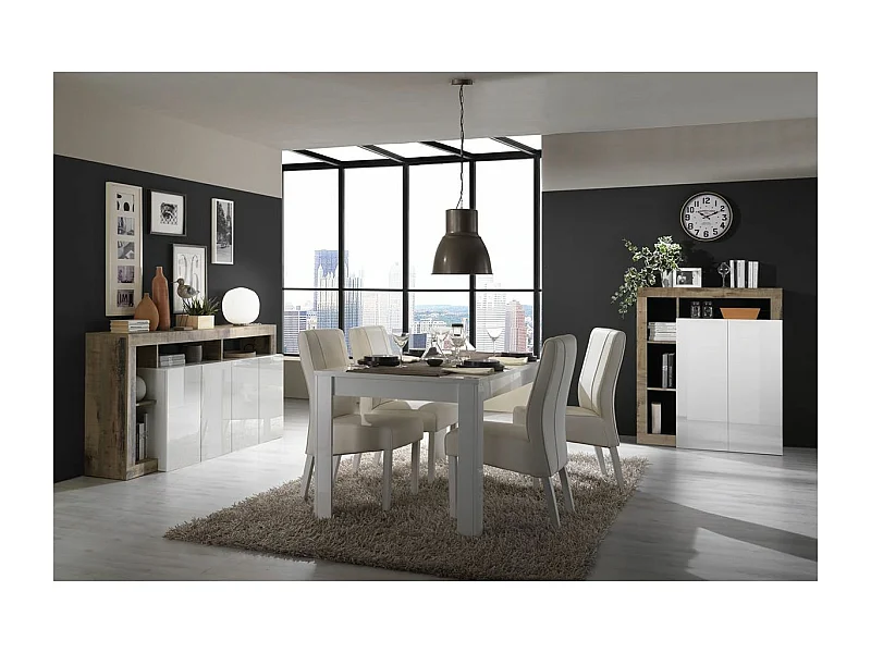 ARTURO - Séjour Complet Table + Buffet 4P Blanc Laqué Niches Aspect Bois Antik