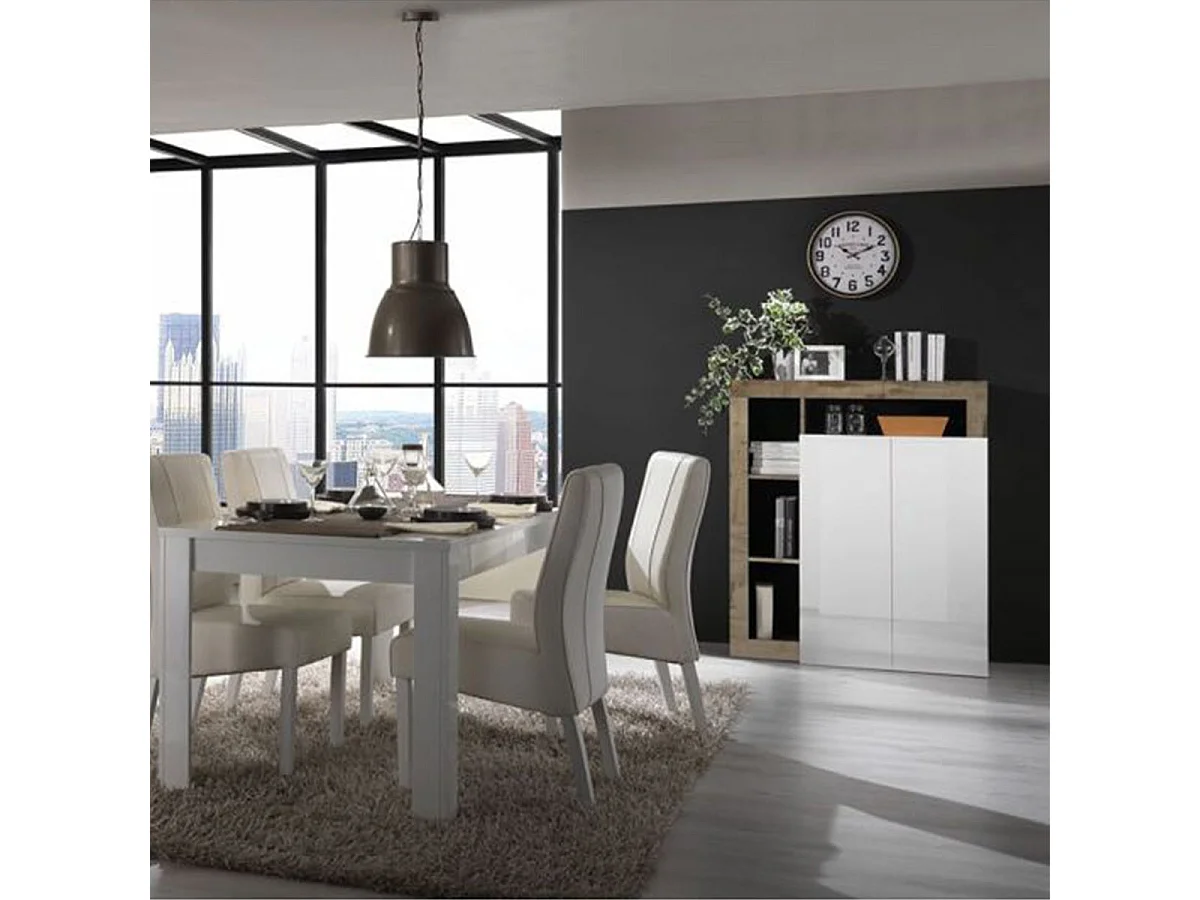 ARTURO - Séjour Complet Table + Buffet 4P Blanc Laqué Niches Aspect Bois Antik