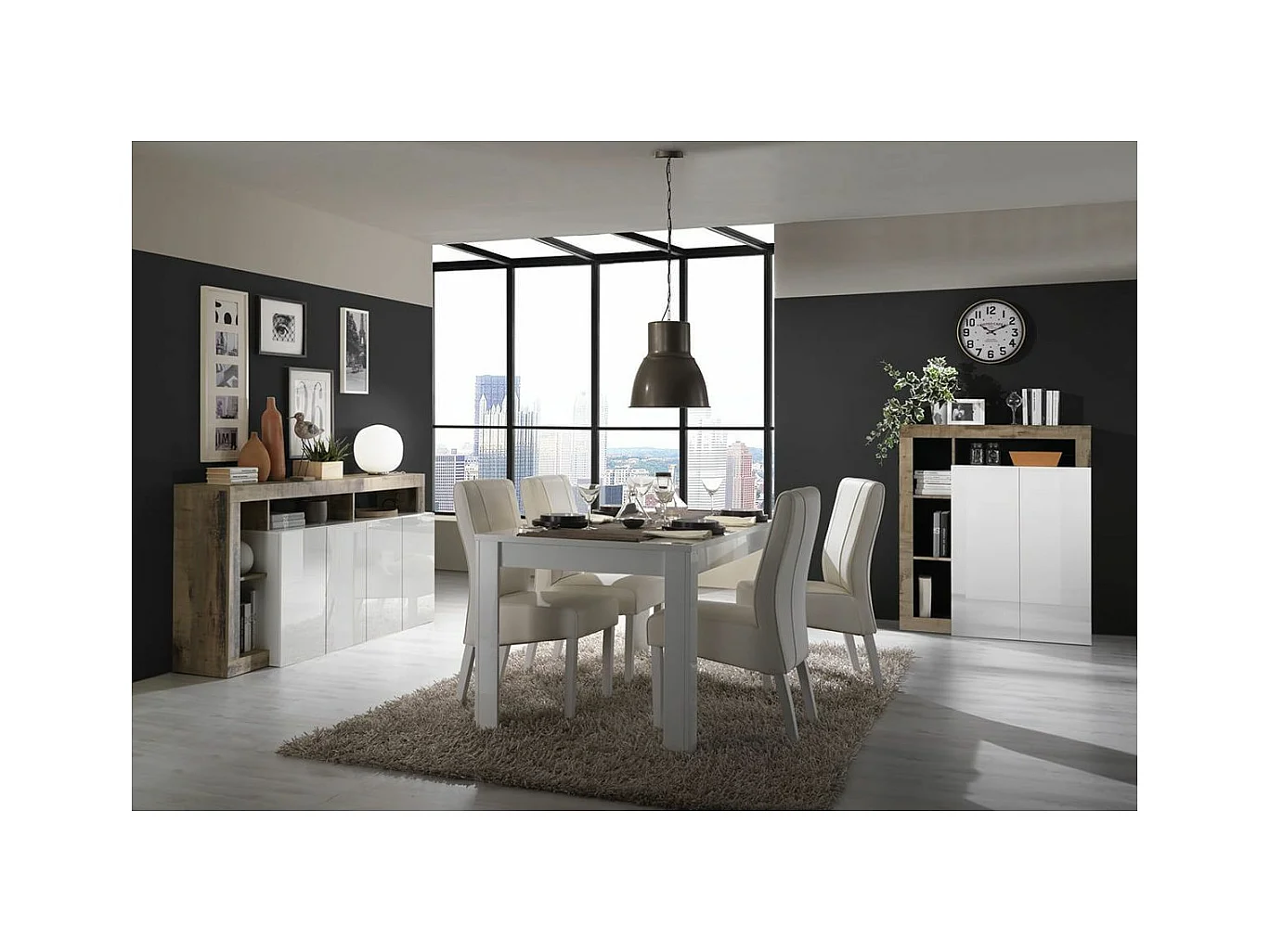 ARTURO - Séjour Complet Table + Buffet 4P Blanc Laqué Niches Aspect Bois Antik