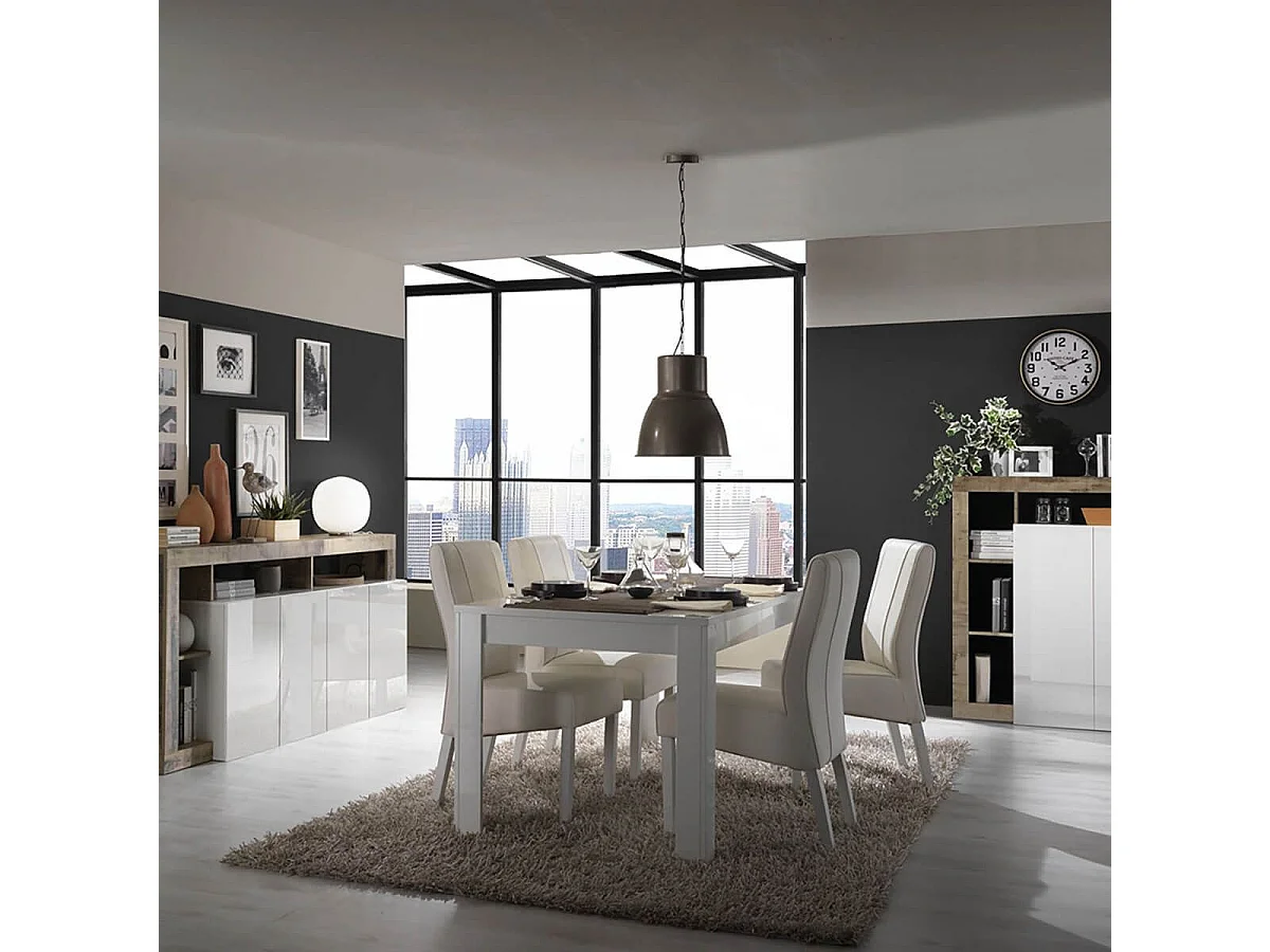 ARTURO - Séjour Complet Table + Buffet 4P Blanc Laqué Niches Aspect Bois Antik