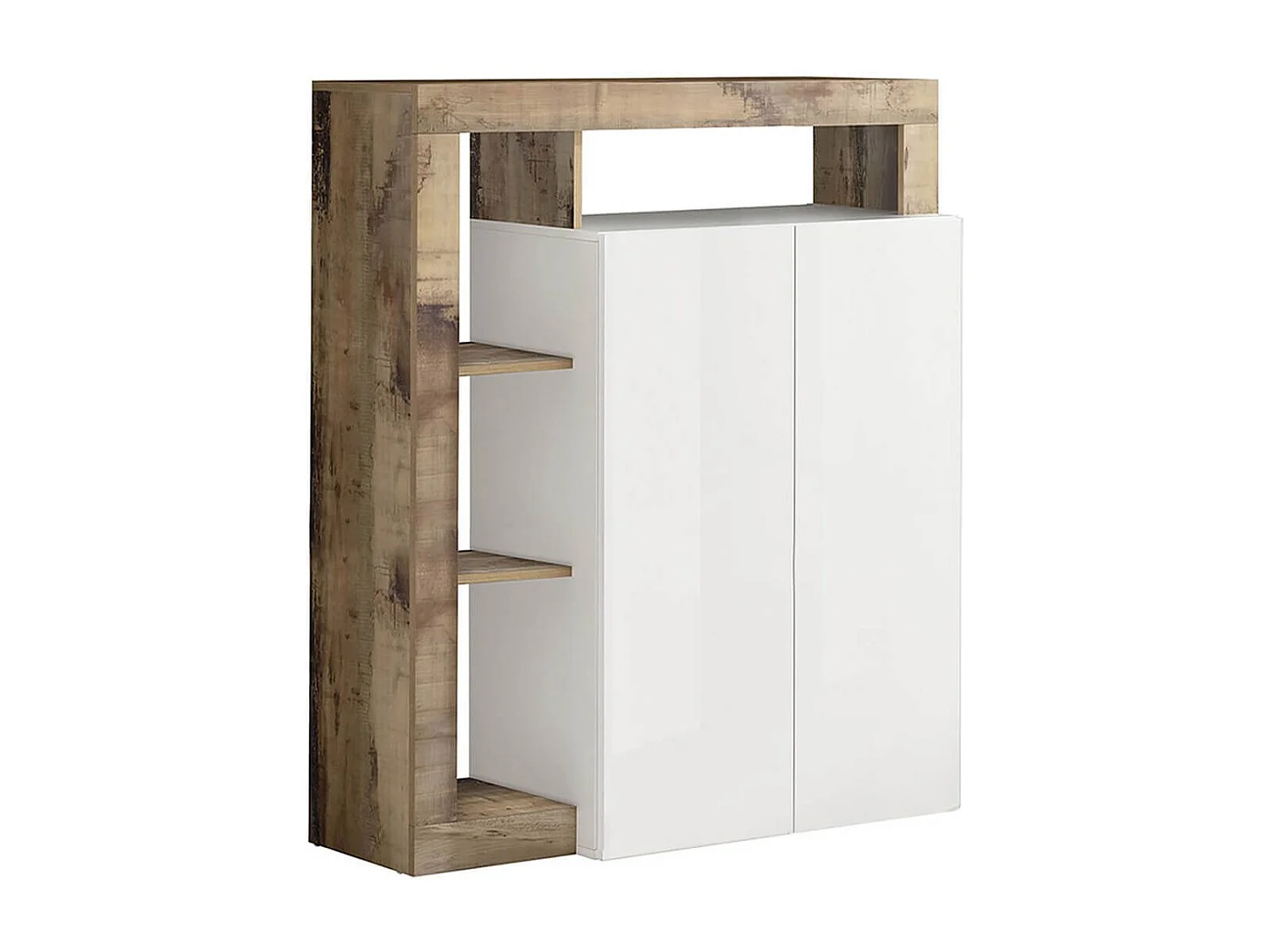 ARTURO - Séjour Complet Table + Buffet 4P Blanc Laqué Niches Aspect Bois Antik