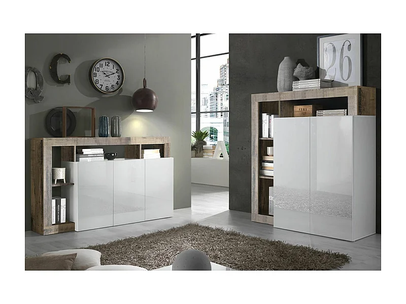 ARTURO - Ensemble Buffet 3P + Meuble Bar Blanc Laqué Niches Aspect Bois Antik