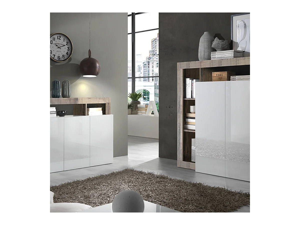 ARTURO - Ensemble Buffet 3P + Meuble Bar Blanc Laqué Niches Aspect Bois Antik