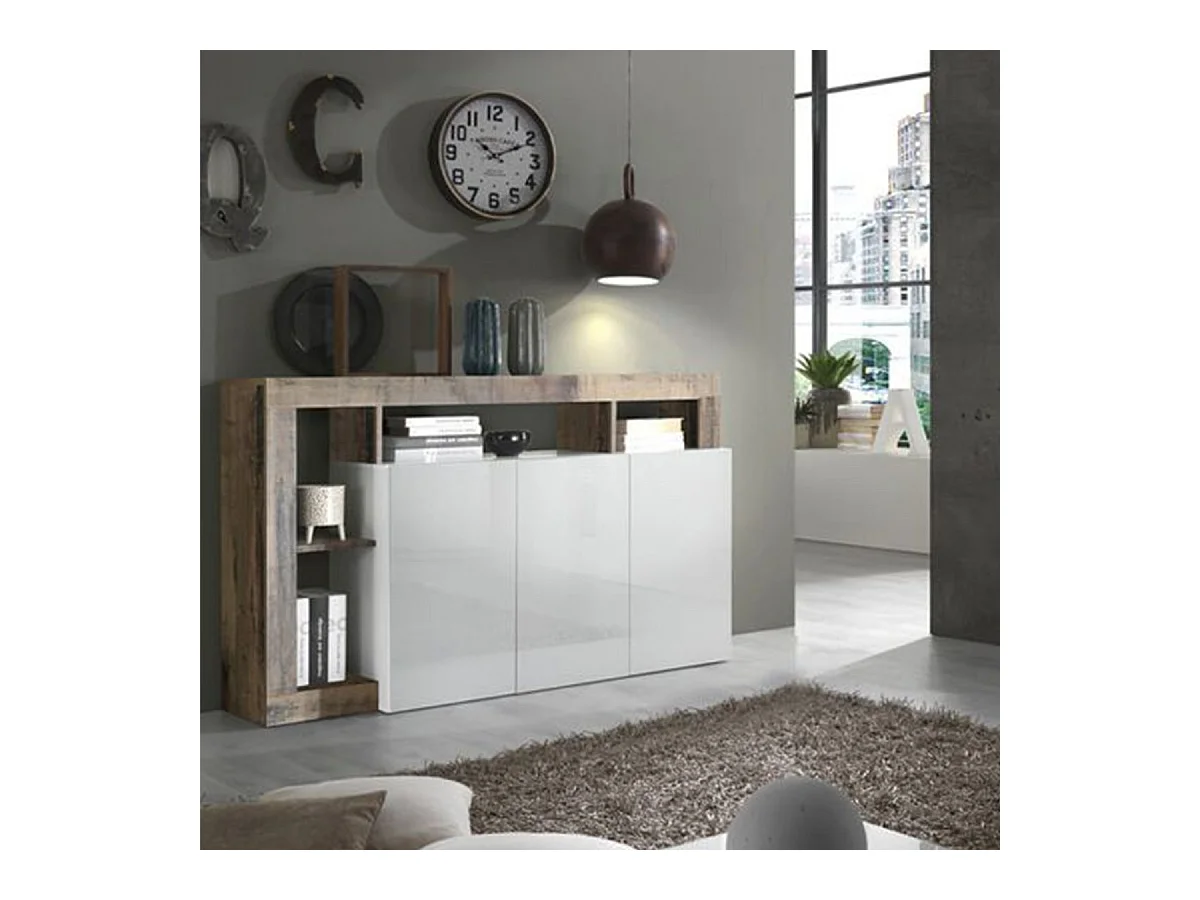 ARTURO - Ensemble Buffet 3P + Meuble Bar Blanc Laqué Niches Aspect Bois Antik