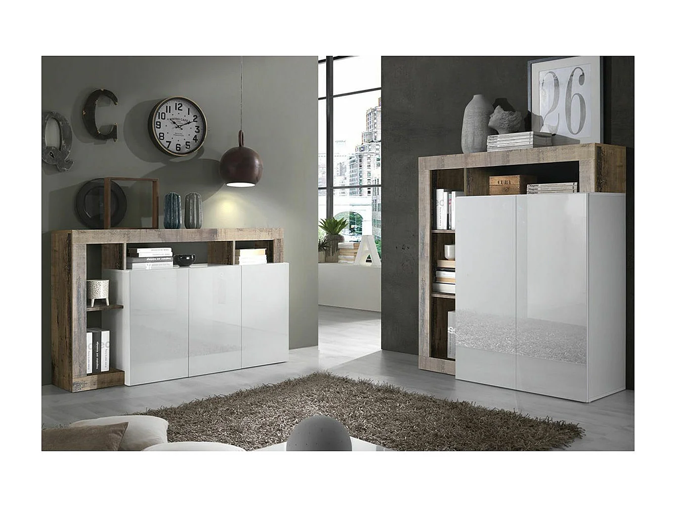 ARTURO - Ensemble Buffet 3P + Meuble Bar Blanc Laqué Niches Aspect Bois Antik