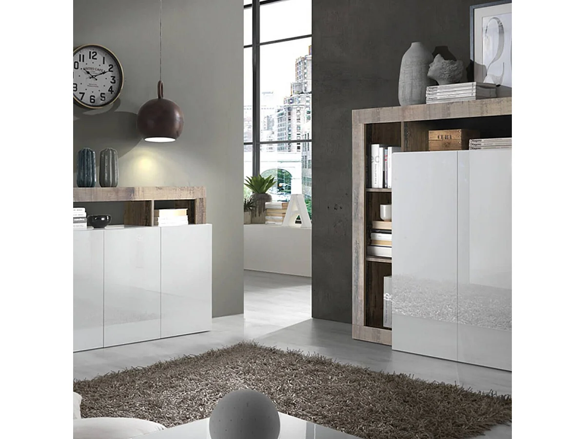 ARTURO - Ensemble Buffet 3P + Meuble Bar Blanc Laqué Niches Aspect Bois Antik
