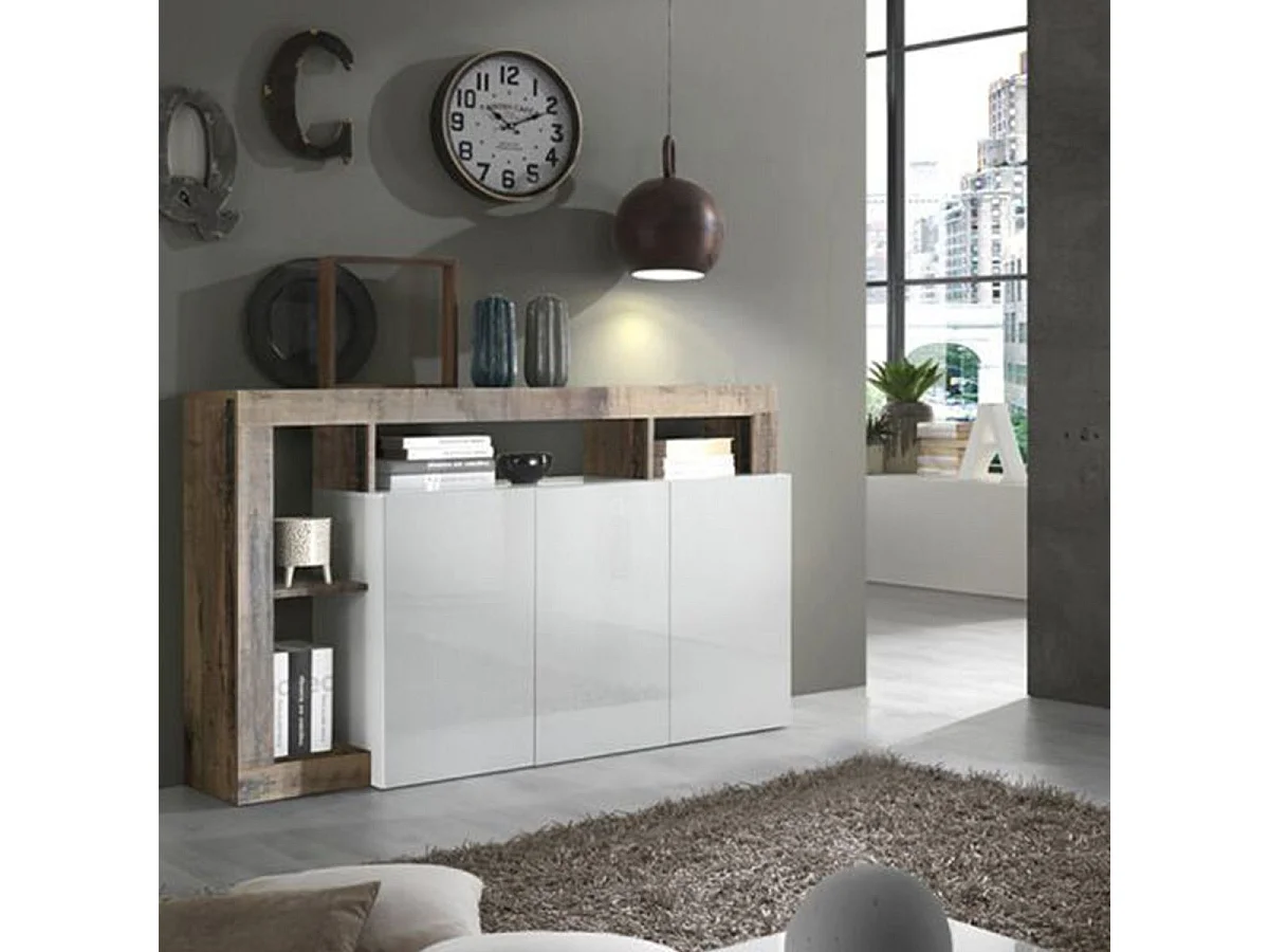 ARTURO - Ensemble Buffet 3P + Meuble Bar Blanc Laqué Niches Aspect Bois Antik