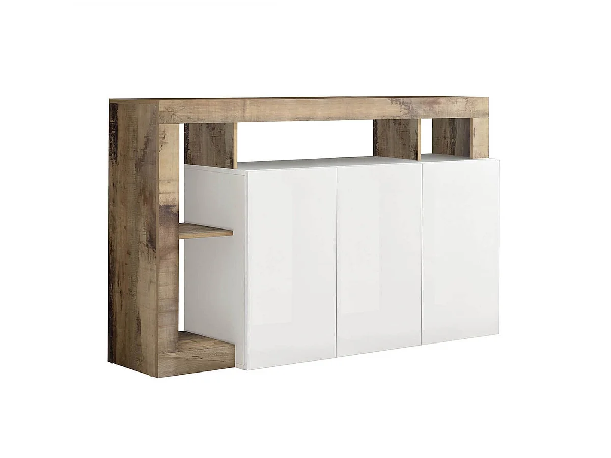 ARTURO - Ensemble Buffet 3P + Meuble Bar Blanc Laqué Niches Aspect Bois Antik