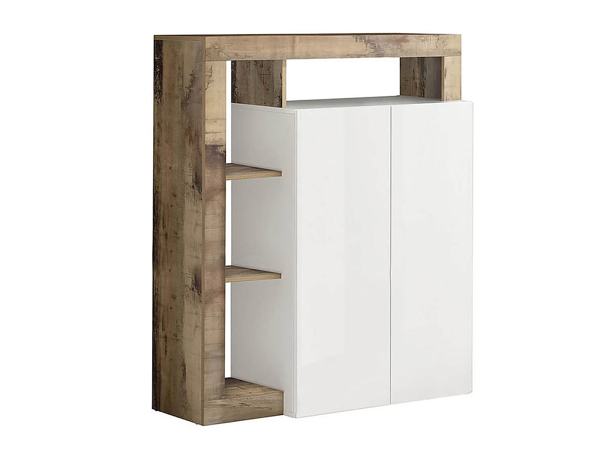 ARTURO - Ensemble Buffet 3P + Meuble Bar Blanc Laqué Niches Aspect Bois Antik