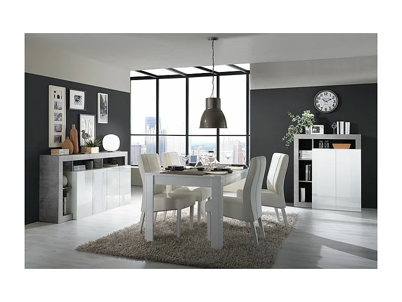 ARTURO - Séjour Complet Table + Buffet 4P Blanc Laqué Niches Aspect Cimento