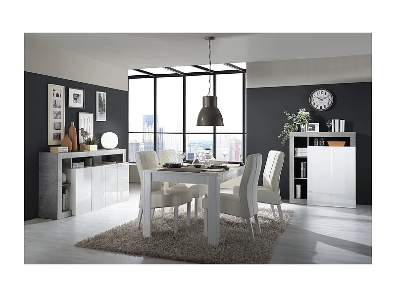 ARTURO - Séjour Complet Table + Buffet 4P Blanc Laqué Niches Aspect Cimento