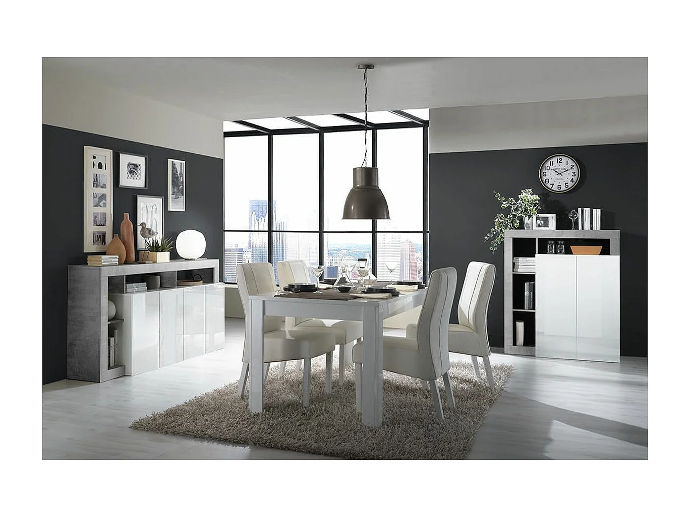 ARTURO - Séjour Complet Table + Buffet 4P Blanc Laqué Niches Aspect Cimento