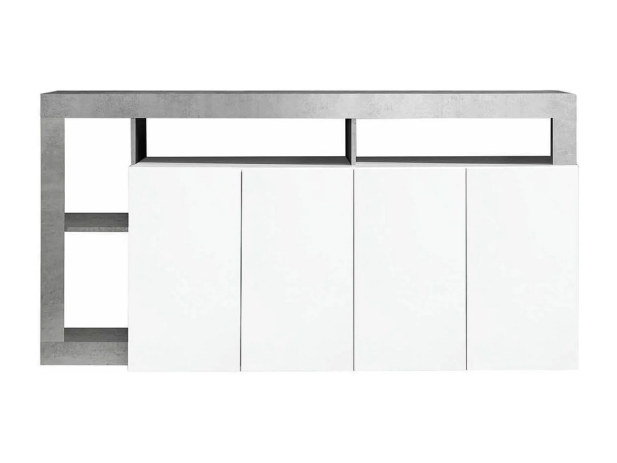 ARTURO - Séjour Complet Table + Buffet 4P Blanc Laqué Niches Aspect Cimento