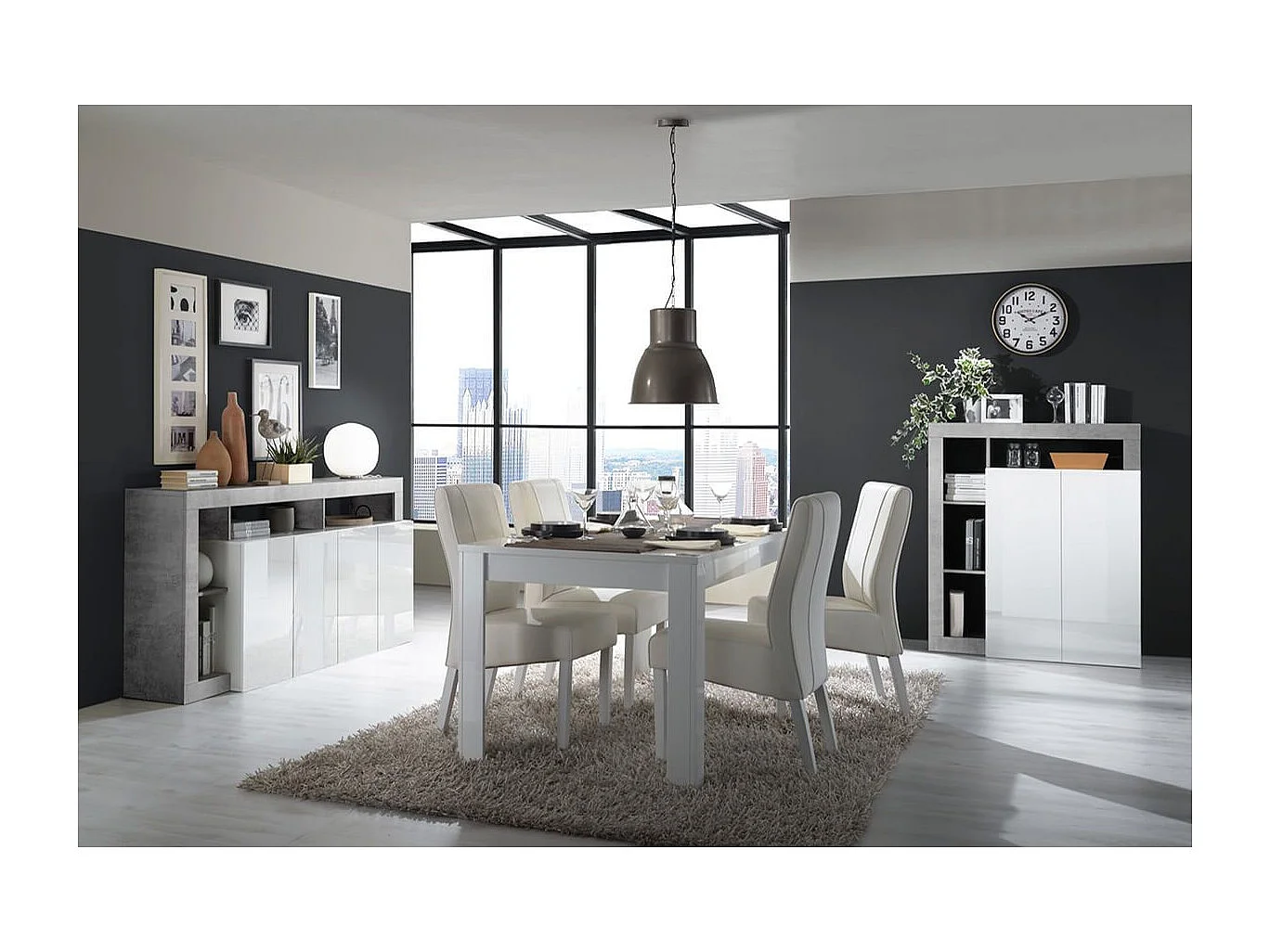 ARTURO - Séjour Complet Table + Buffet 4P Blanc Laqué Niches Aspect Cimento